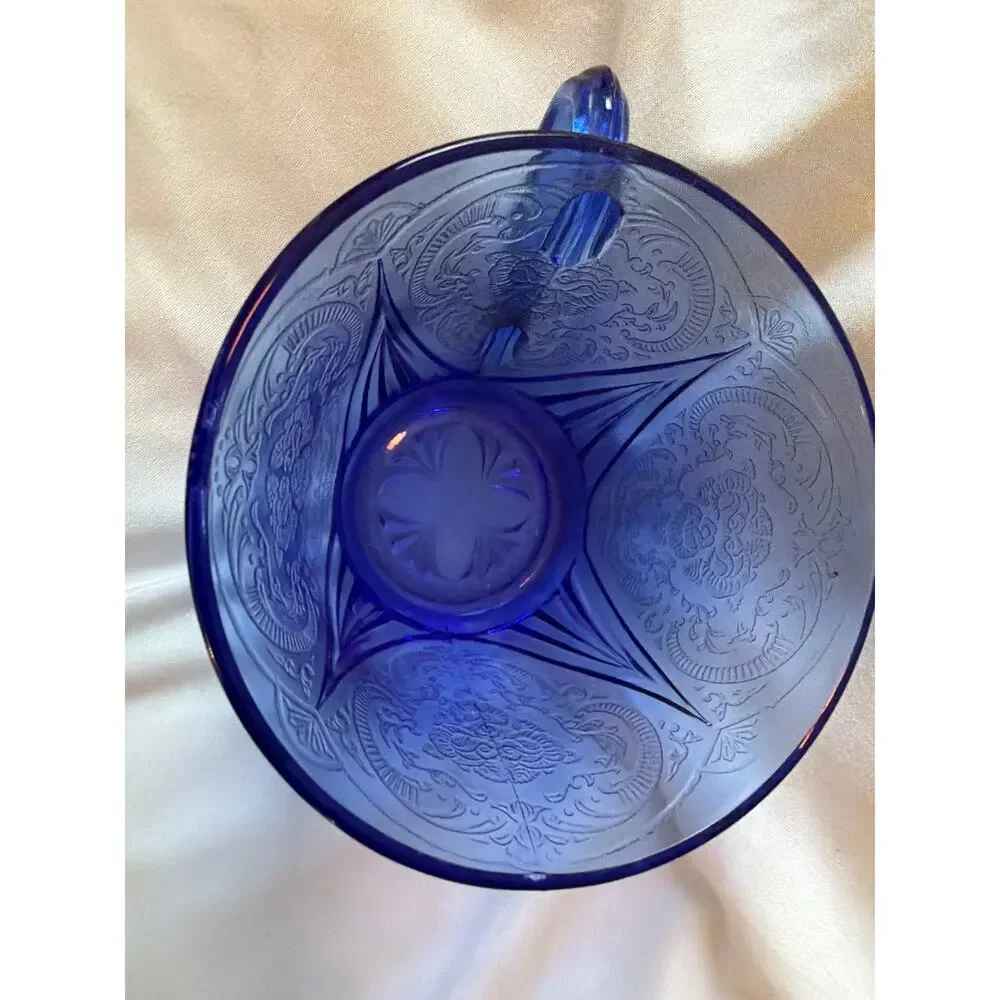 Vintage Cobalt Blue Pressed Glass Mug Cup Embossed Grape Pattern Depression